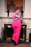 Plus Size printed silk long sleeve tie blouse with wide leg pants 2 piece set